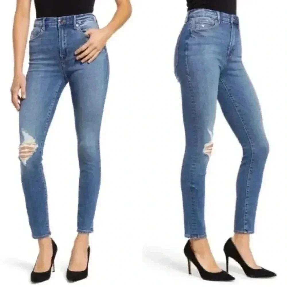 Good American Good Waist Distressed Skinny Ankle Jeans Blue476